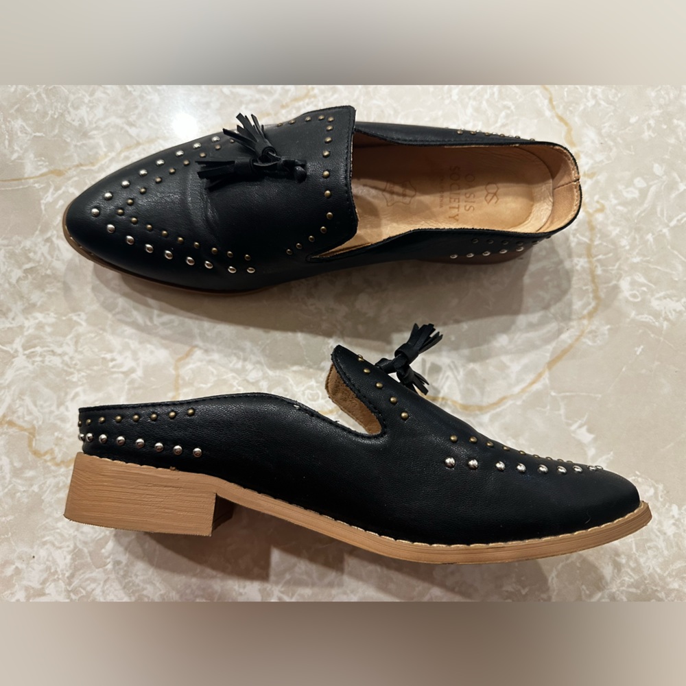 Oasis Society Black Studded Faux Leather Slip-on Loafer Style Mules, Size 7.5